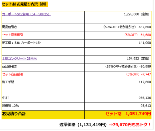 『カーポートSC2台用 + 土間セット』の見積り